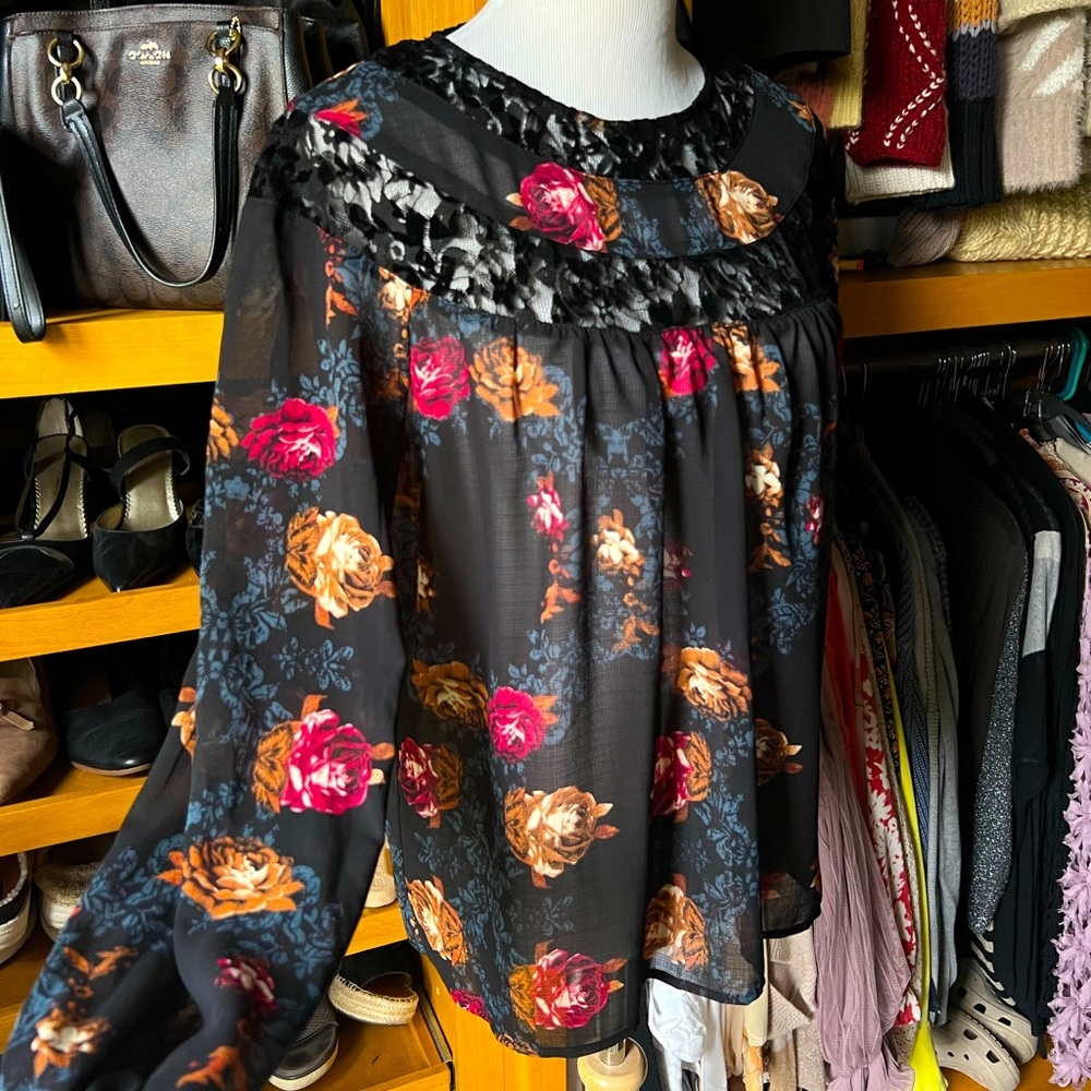 ⭐️BOGO FREE⭐️ KNOX ROSE Black Pink and Orange Floral Long Sleeve Blouse